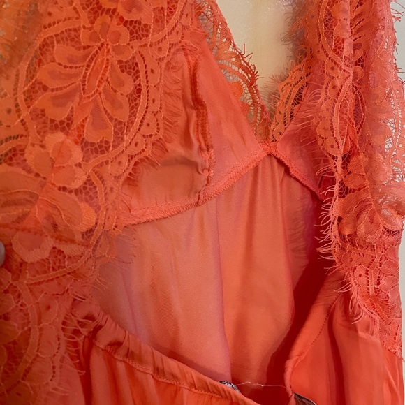NWT free people orange satin eyelash lace cut out back thong mesh bodysuit XXS/S - Picture 10 of 13